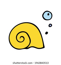 Vector illustration of a yellow seashell. Hand drawn icon and symbol for print on baby clothes, poster, sticker, card design. Doodle design elements. 