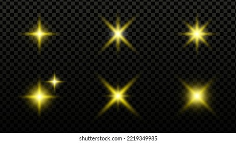 Vector illustration of yellow shining stars with sparkling glitter icons on transparent background (PNG).