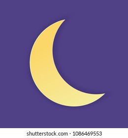 Vector illustration, yellow simple crescent in papercut style with transparent shadows isolated on purple background