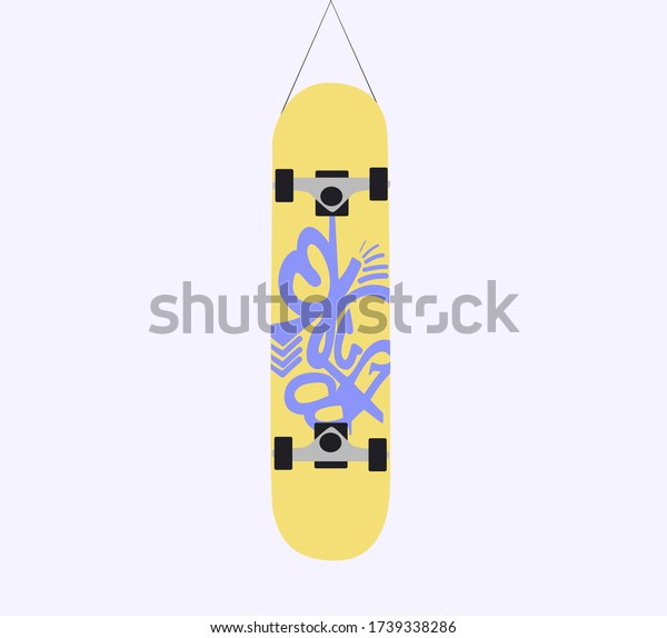 vector illustration. Yellow skateboard,\
graffiti, fast transport, trip, car sharing, rental, light\
transport, travel, road, lifestyle, activity,\
sport