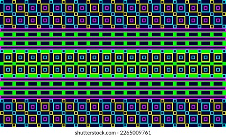 Ilustración vectorial de cuadrados pequeños amarillos, azul cielo, púrpura y verde con una combinación de rectángulos de color púrpura o rosa y cajas rectangulares verdes
