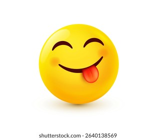 Vector illustration of yellow smile emoji. Happy emotion face with smile and tongue. 3d cartoon style design of positive emoticon. Funny smile character icon. Happy mood and facial expression