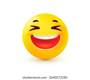 Vector illustration of yellow smile emoji. Happy emotion face with smile, joy and laughter. 3d cartoon style design of positive emoticon. Funny smile character icon. Happy mood and facial expression