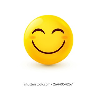 Vector illustration of yellow smile emoji. 3d cartoon style design of positive emoticon with closed eyes. Funny smiley character icon. Happy emotion face with smile. Facial expression and happy mood