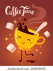 Vector illustration of yellow smile girl character dancing cup of coffee with steam and sugar on gradient brown background. Coffee time concept. Hand drawn colorful art design of cute cup of coffee