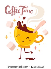 Vector illustration of yellow smile girl character dancing cup of coffee with steam and sugar isolated on white background. Coffee time concept. Hand drawn colorful art design of funny cup of coffee