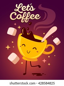 Dibujo vectorial de sonrisa amarilla personaje de chica bailando taza de café con vapor y azúcar sobre fondo oscuro degradado. Concepto de tiempo del café. Diseño de arte colorido dibujado a mano para el tema del café