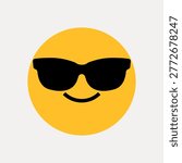 Vector illustration of a yellow smiley face wearing black sunglasses, conveying a cool and relaxed vibe on a white background.