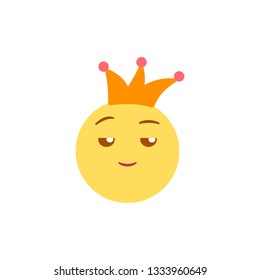 Vector illustration, yellow smiling satisfied emoji with crown. High quality, isolated, round shaped. Ideal for high self esteem and other positive concepts.