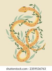 Vector illustration with a yellow snake with red dots and stems with foliage in pastel colors. Flat postcard with tangled serpent with ivy foliages.