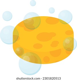 Vector illustration of a yellow sponge for bathing, cleaning and personal hygiene. Sponge surrounded by soap bubbles.