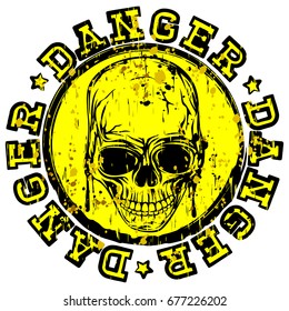 Vector illustration yellow stamp with inscription in circle danger and stars. In center stamp symbol abstract skull