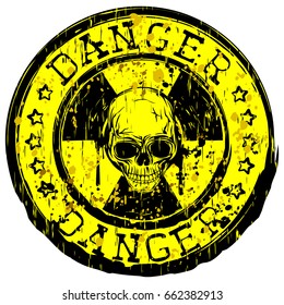 Vector illustration yellow stamp with radioactivity sign and inscription in circle danger. In center of radiation symbol grunge skull