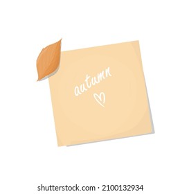 Ilustración vectorial nota pegajosa amarilla con texto otoño con corazón sobre fondo blanco para pegatina, impresión, invitación 