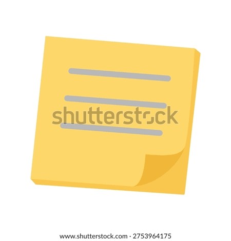 Vector illustration of a yellow sticky note with folded corner in flat design style. Cute paper memo pad icon isolated on white background.