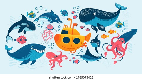 Vector illustration yellow submarine circled with sea animals abd fish.