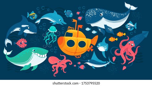 Vector illustration of yellow submarine explore the sea. Сurious sea animales look at the sea boat.