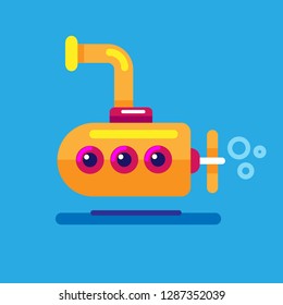    Vector illustration yellow submarine floating under sea water isolated on blue background.  Flat design. 
