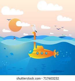 vector illustration - yellow submarine lights the way. the periscope is sitting seagull.