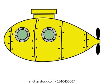 Vector illustration of yellow submarine. Side view. Motives of cartoon objects, underwater vehicles, nautical transport