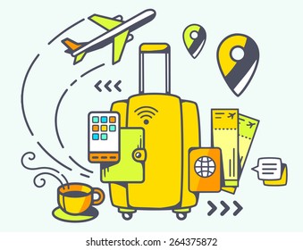 Vector illustration of yellow suitcase and travel accessories on light background. Hand draw line art design for web, site, advertising, banner, poster, board and print.