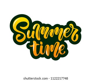 Vector illustration of yellow summer time text with green outline for greeting card, print on t-shirt, invitation, poster, store, gift, banner template. Summer time lettering on white background.