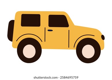 Vector illustration of yellow SUV or offroad vehicle in simple, cartoon childish style. Fun and playful transport for kids themes, travel, road adventure, and transportation concepts in flat design