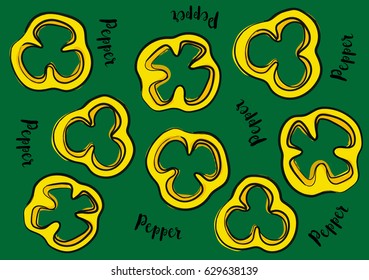 Vector illustration Yellow Sweet Sliced Pepper on a green background and calligraphic inscription «Pepper»