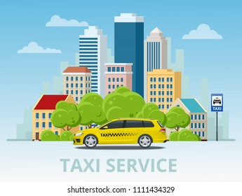 Vector illustration of yellow taxi cab on city with skyscrapers and tower with green trees.