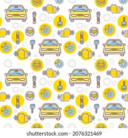 Vector illustration of yellow taxi car and different car part on white background. Line art style design of seamless pattern for web, site, banner, children print, textile