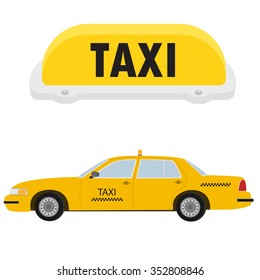 Vector Illustration Yellow Taxi Car, Cab Side View And Yellow Taxi Sign. Public Transportation