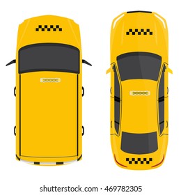 Vector illustration yellow taxi car top view. Public transportation company taxicab