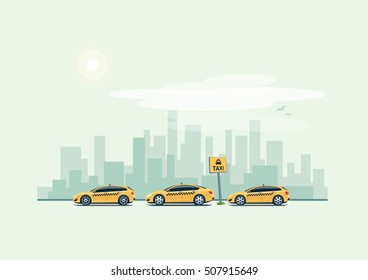 Vector illustration of yellow taxi cars parking along the city street in cartoon style. Hatchback, station wagon and sedan standing in a row with taxi pickup point sign. 