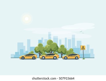Vector illustration of yellow taxi cars parking along the city street in cartoon style. Hatchback, station wagon and sedan standing in a row with taxi pickup point sign.