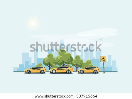 Vector illustration of yellow taxi cars parking along the city street in cartoon style. Hatchback, station wagon and sedan standing in a row with taxi pickup point sign.