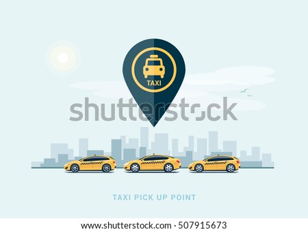 Vector illustration of yellow taxi cars parking along the city street in cartoon style. Hatchback, station wagon and sedan standing in a row with taxi pickup point sign. 