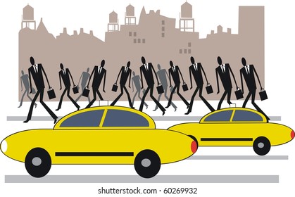 Vector illustration of yellow taxis and commuters in New York.