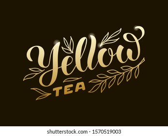 Vector illustration of yellow tea brush lettering for package, banner, flyer, poster, bistro, café, shop signage, advertisement design. Handwritten text for template, sign, billboard, print 