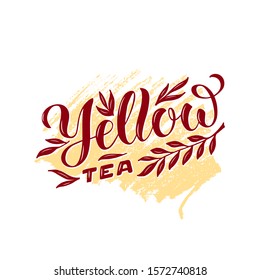 Vector illustration of yellow tea brush lettering for package, banner, flyer, poster, bistro, café, shop signage, advertisement design. Handwritten text for template, sign, billboard, print 
