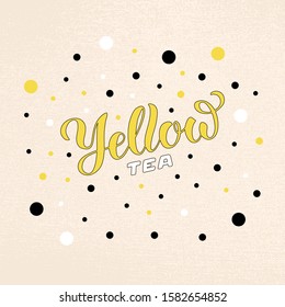 Vector illustration of yellow tea brush lettering for package, banner, flyer, poster, bistro, café, shop signage, advertisement design. Handwritten text for template, sign, billboard, print 