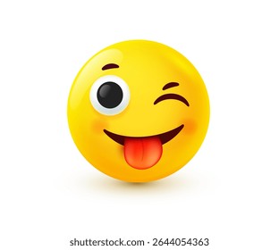 Vector illustration of yellow teasing smile emoji. Happy emotion face with tongue. 3d cartoon style design of positive winking emoticon. Happy mood and facial expression. Funny smile character icon