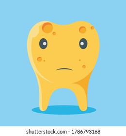 Ilustración vectorial de dientes amarillos con cavidades. Caricatura en diseño plano con una cara de manto. fondo azul