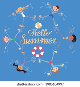 Ilustración vectorial del texto amarillo hola letras de verano con patrón de niño flotante en el mar azul para el embalaje de productos, regalo, pegatina, ropa, postal, banner, invitación, afiche. EPS 10