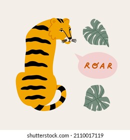 Vector illustration of a yellow tiger, sitting with his back, with lettering 'roar' and tropical leaves. Hand-drawn bright cartoon vector tiger. Large mammal of the cat family. Animals of Asia.