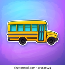 Vector illustration. Yellow toy school bus. Passenger transport for transportation of children pupil to school. Back to school. Sticker in flat style with contour. Isolated on colorful background