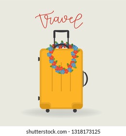 Vector illustration. Yellow travel suitcase. Travel and tourism concept.