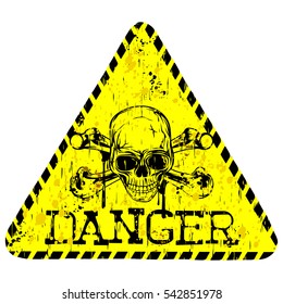 Vector illustration yellow triangular sign with lettering danger and skull with crossed bones