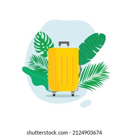 Vector illustration yellow trolley suitcase on tropical green foliage blue sky background. Traveling summer family vacation concept