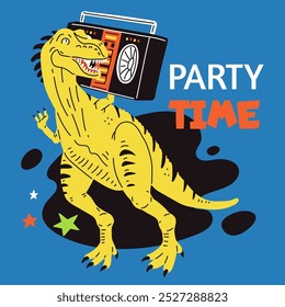 A vector illustration of a yellow tyrannosaurus enjoying music from a music player at a disco. The cute design depicts a funny dinosaur isolated on a blue background.