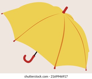 Vector illustration of yellow umbrella with red handle isolated on light beige background.